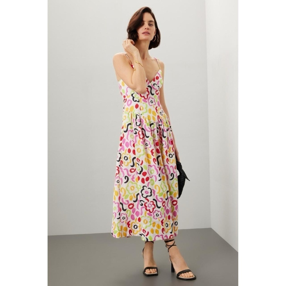 RHODE Dress Painted Bloom Strappy V-Neck Fit and flare Multi Floral White Pink